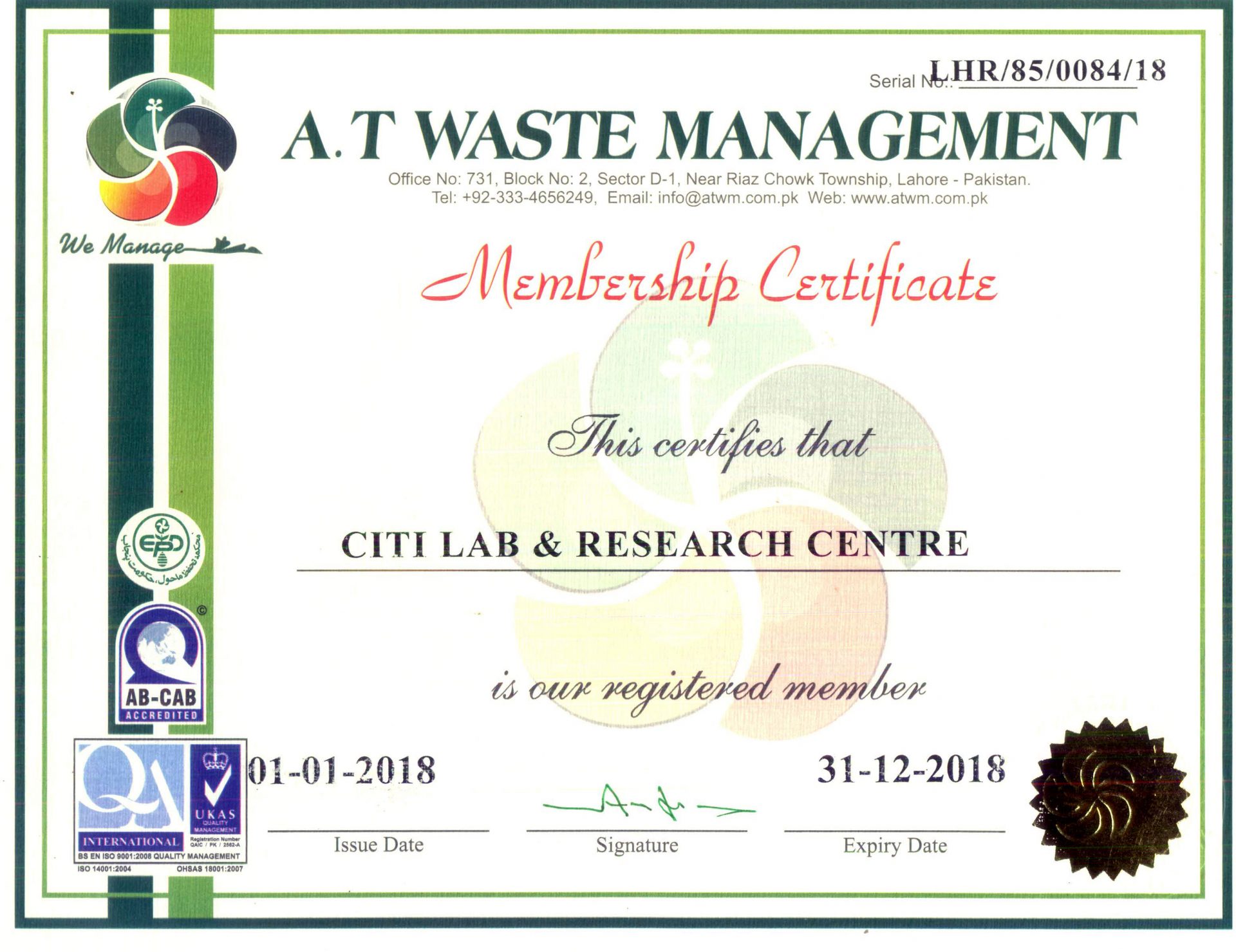Citi Lab A.T Waste Management Certificate